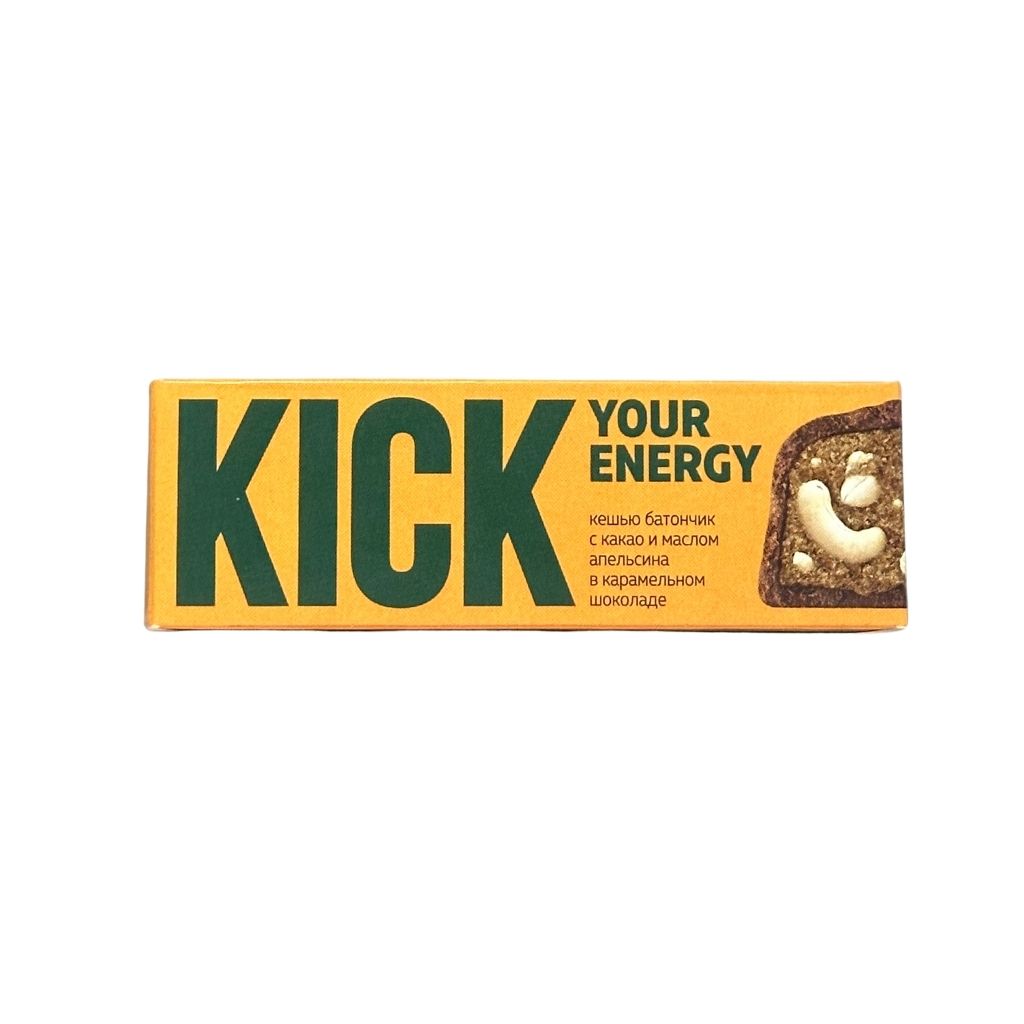 Kick Батончик без сахара кешью с какао и маслом апельсина в карамельном шоколаде 45гр