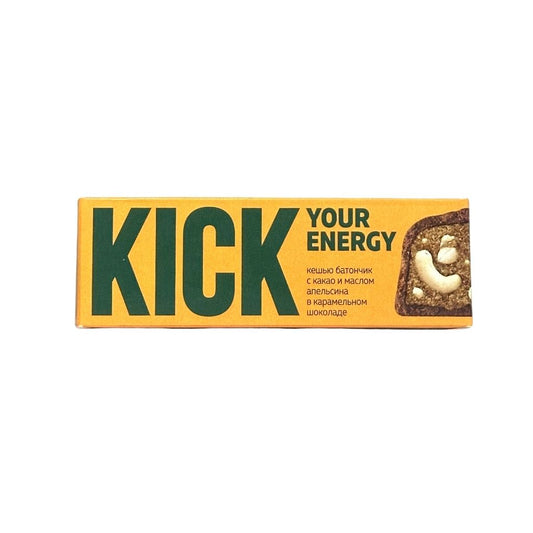 Kick Батончик без сахара кешью с какао и маслом апельсина в карамельном шоколаде 45гр