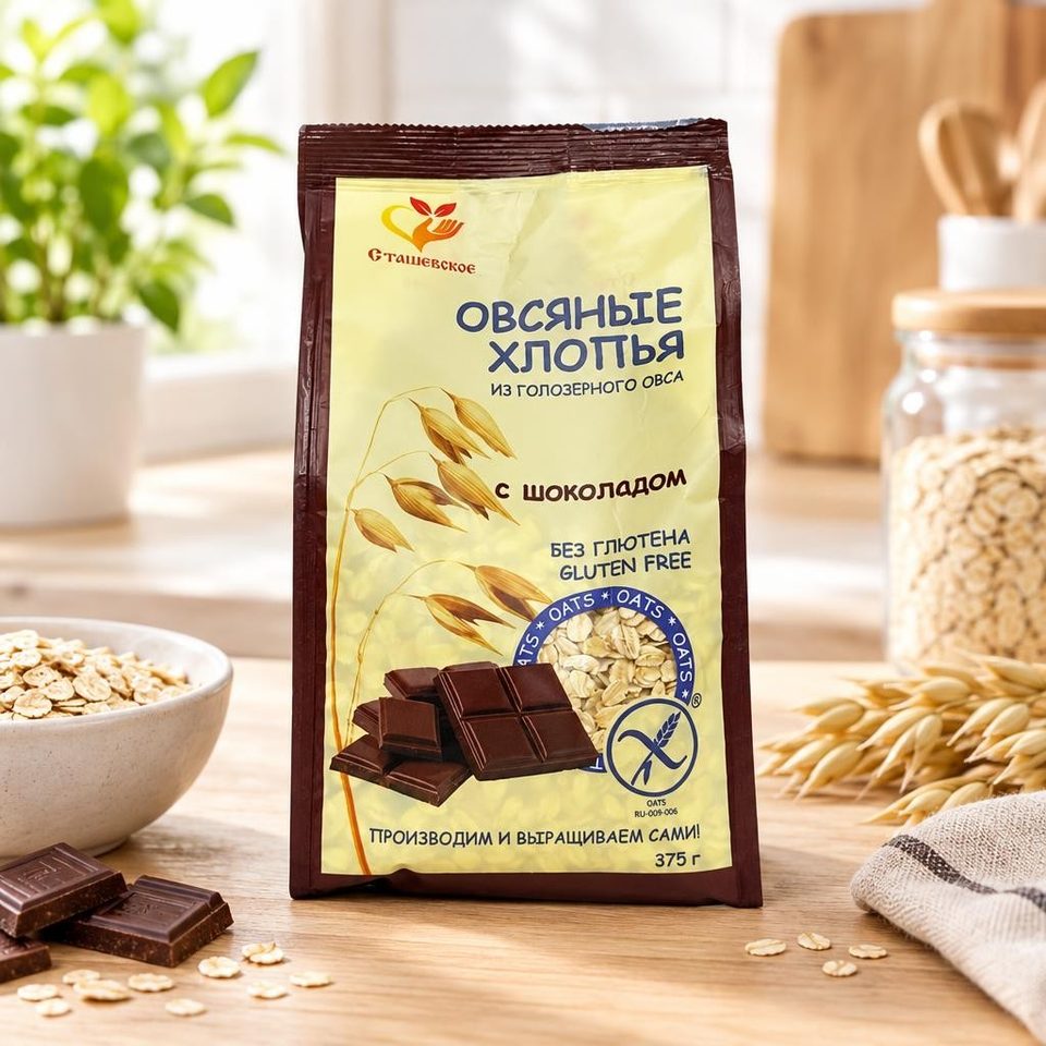 Хлопья овсяные из голозерного овса б/г с добавлением шоколада 375 г
