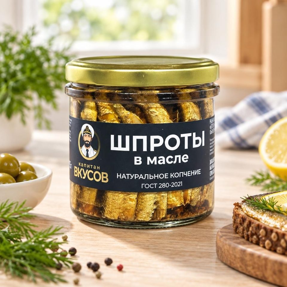 Шпроты Капитан Вкусов килька каспийская тушка в масле 250 гр 12 шт