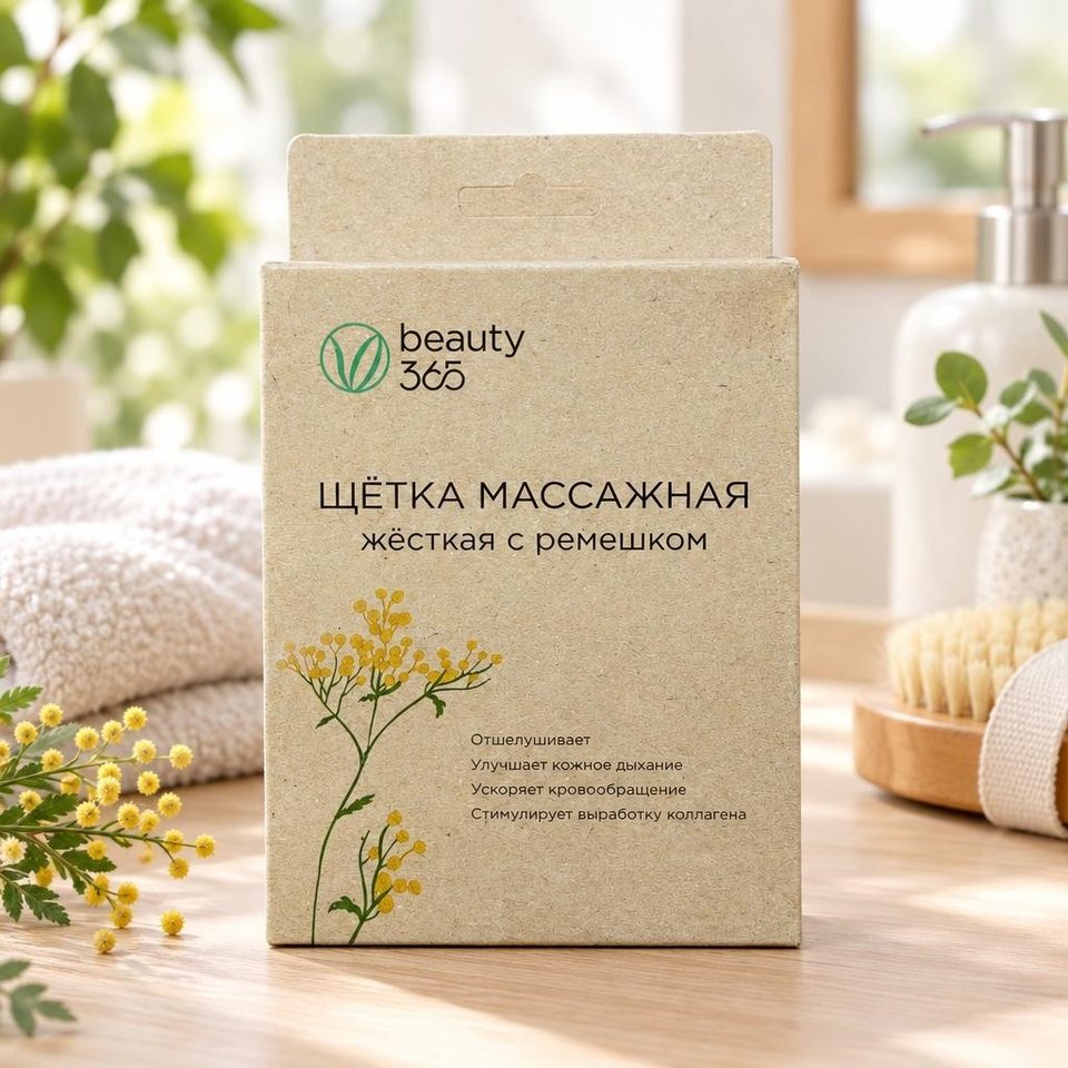 Beauty 365 Щётка для сухого массажа с ремешком ЖЕСТКАЯ