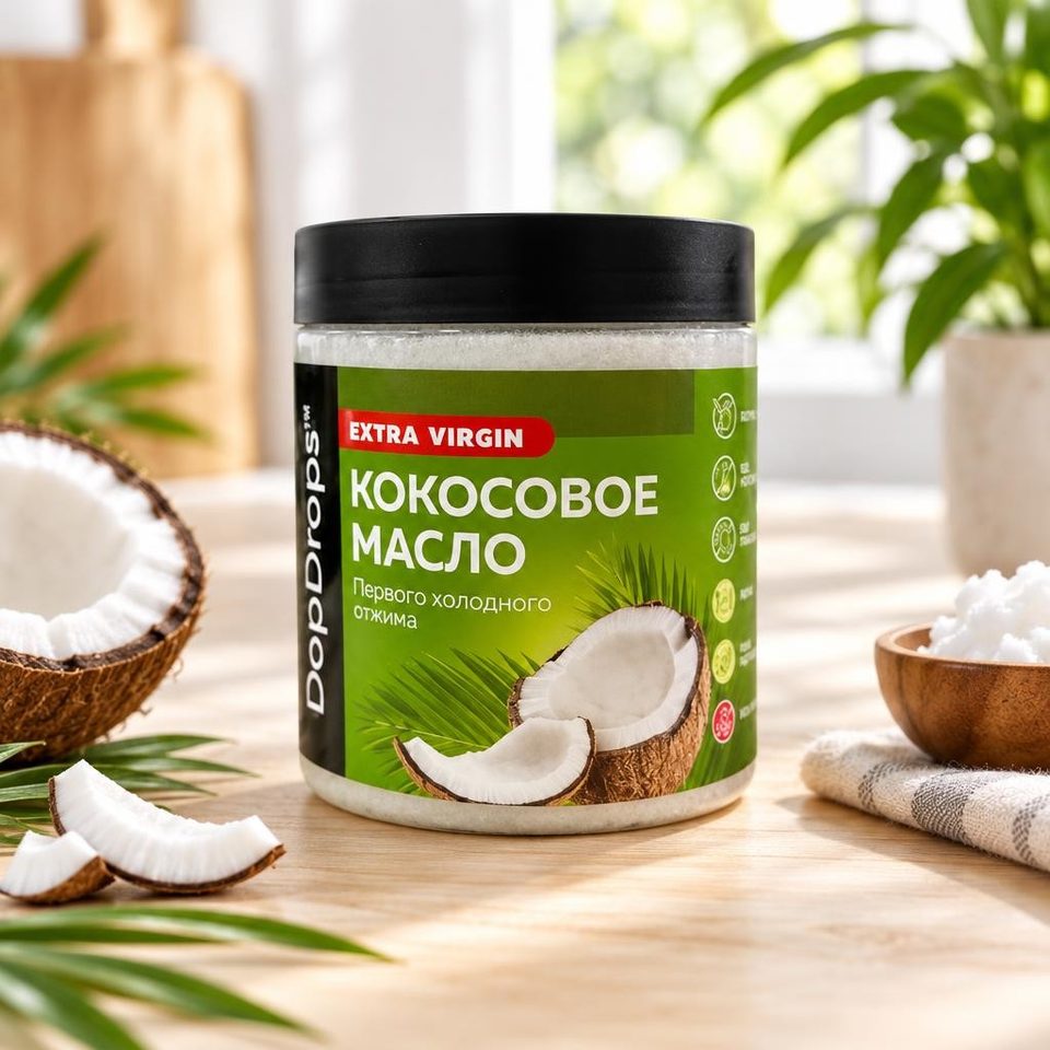 DopDrops нерафинированное кокосовое масло первого холодного отжима Экстра вирджин 500 мл.