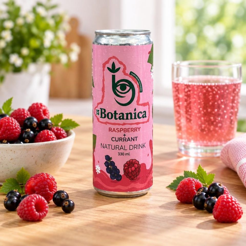 Botanica Напиток натуральный слабогазированный с соком Малины и смородины жб 0,33л
