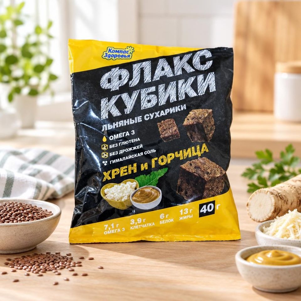 Флакс-кубики льнянные хрустящие крекеры с хреном и горчицей 40гр