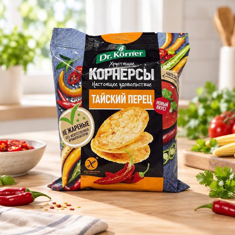 Dr Korner Чипсы цельнозерновые кукуруз-рисовые с тайским острым перцем 50гр 14шт