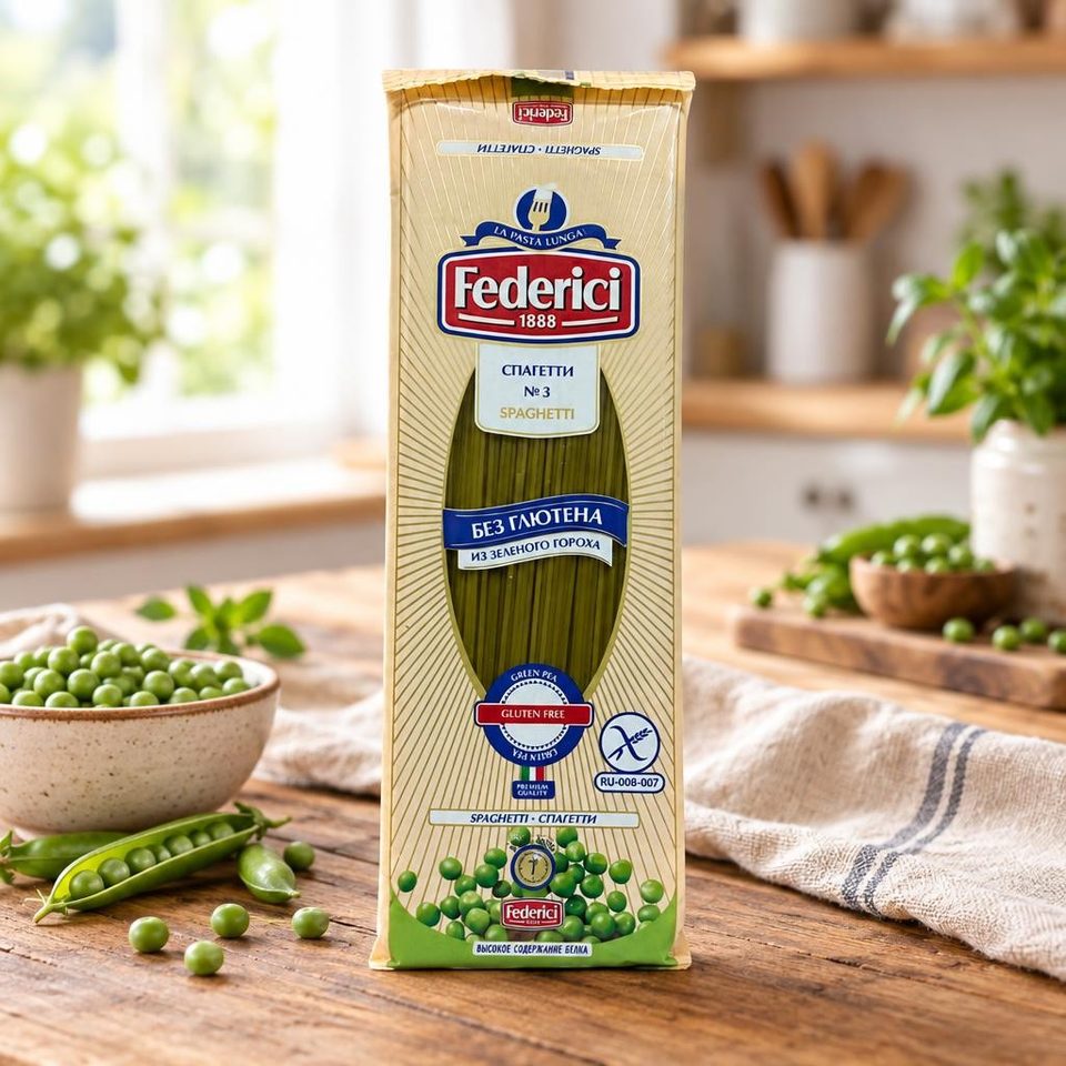 Federici Spaghetti Изделия макаронные без глютена из зеленого гороха Спагетти 250гр 24шт