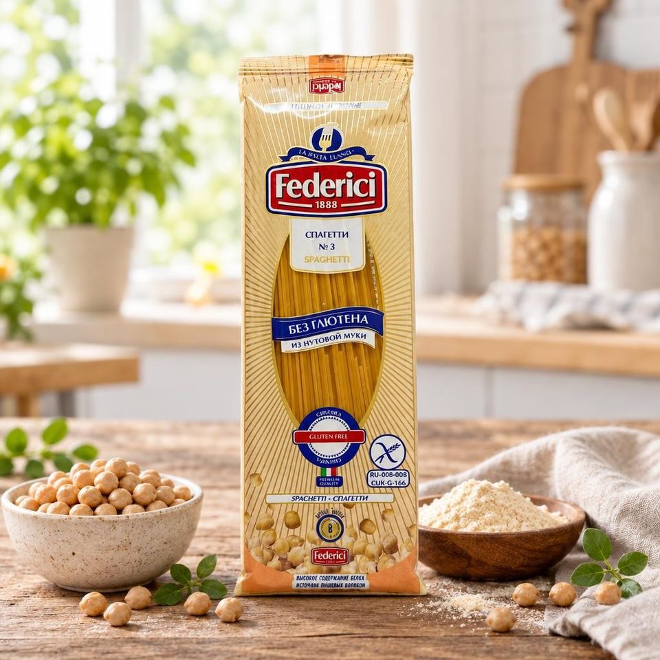 Federici Spaghetti Изделия макаронные без глютена из нутовой муки Спагетти 250гр 24шт
