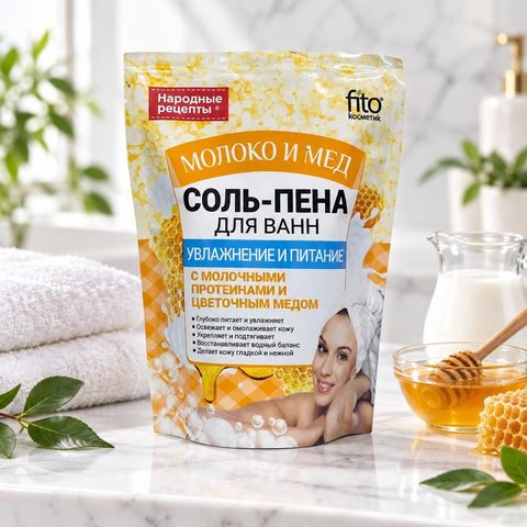 Фито косметик Соль-пена для ванн Увлажнение и питание "Молоко и мед" 200гр