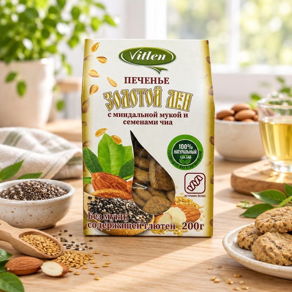 Vitlen Печенье Золотой лен с миндальной мукой и семенами чиа 200гр