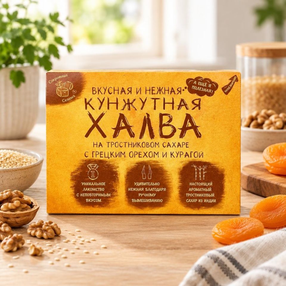 Кунжутная халва на тросниковом сахаре с грецким орехом и курагой 290 гр Сокровища Сезама