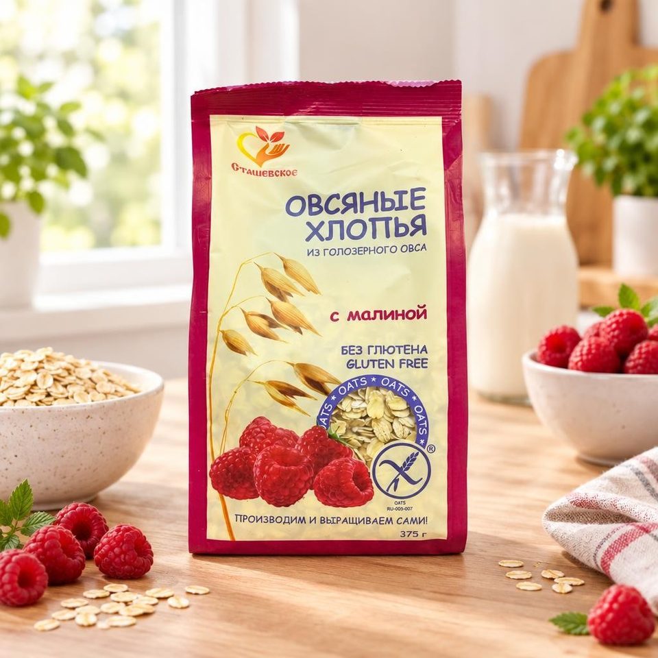 Хлопья овсяные из голозерного овса б/г с добавлением малины 375гр