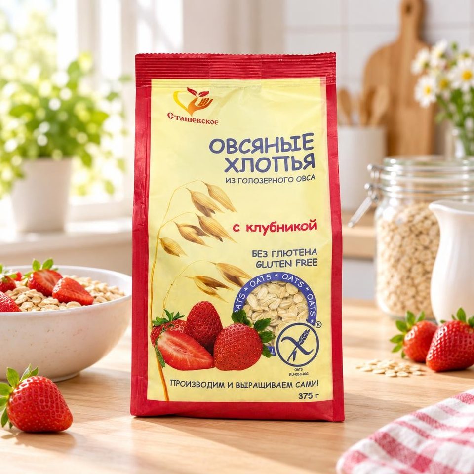 Хлопья овсяные из голозерного овса б/г с добавлением клубники 375гр