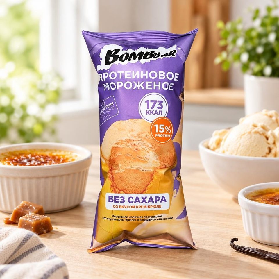 Bombbar Мороженое молочное протеиновое вафельном стаканчике со вкусом Крем-брюле 90гр 24шт