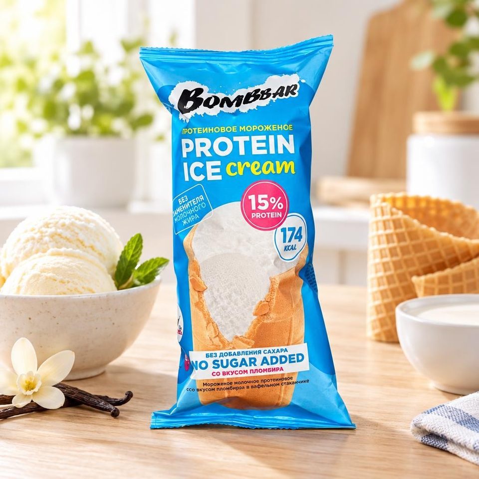Bombbar Мороженое молочное протеиновое вафельном стаканчике со вкусом Пломбира 90гр 24шт