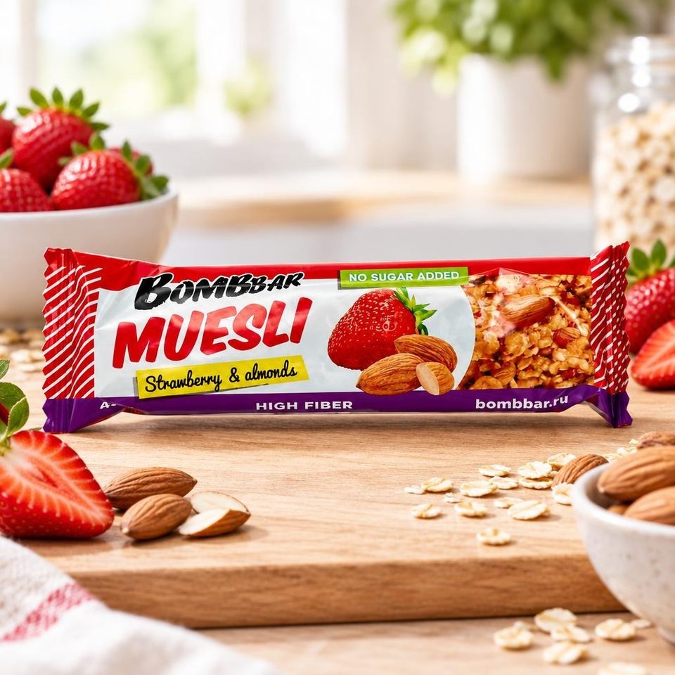 Bombbar батончик мюсли неглазированный мультизлаковый Клубника 45гр 30шт