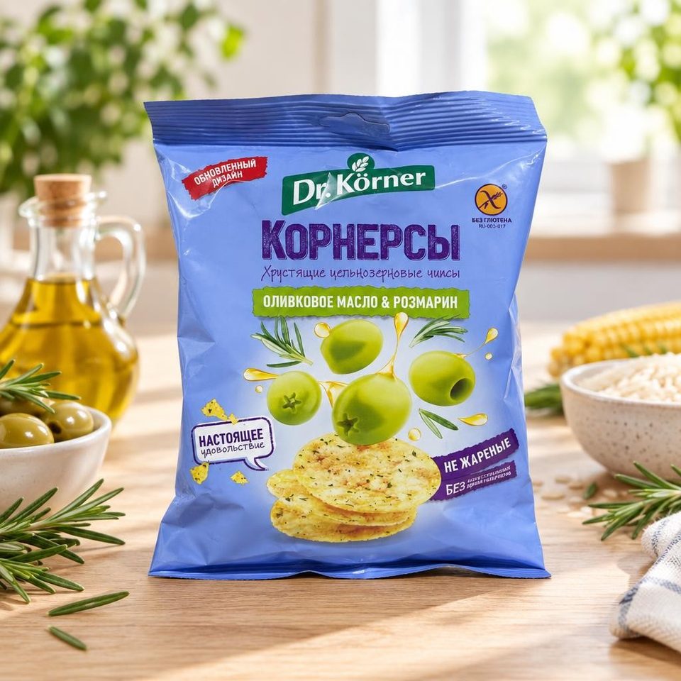 Dr Korner Чипсы цельнозерновые кукуруз-рисовые Оливковое масло и розмарин 50гр 14шт