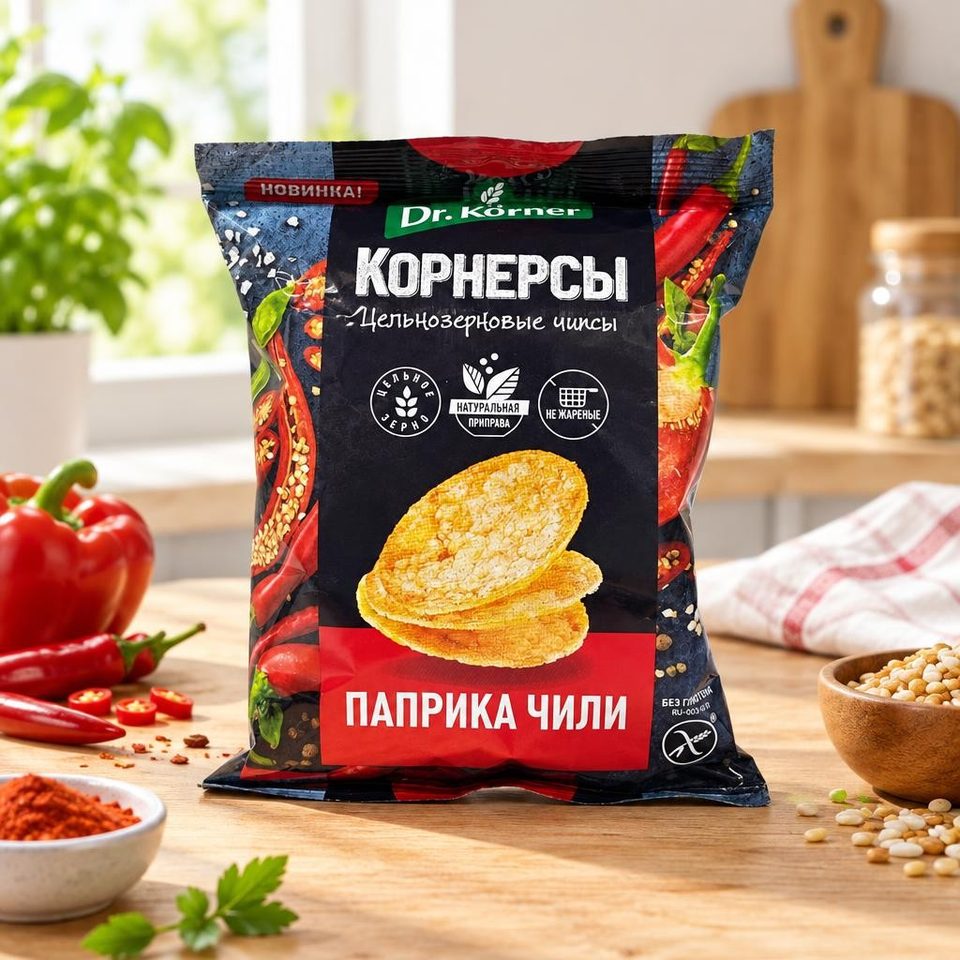 Dr Korner Чипсы цельнозерновые кукуруз-рисовые Паприка и чили 50гр 28шт