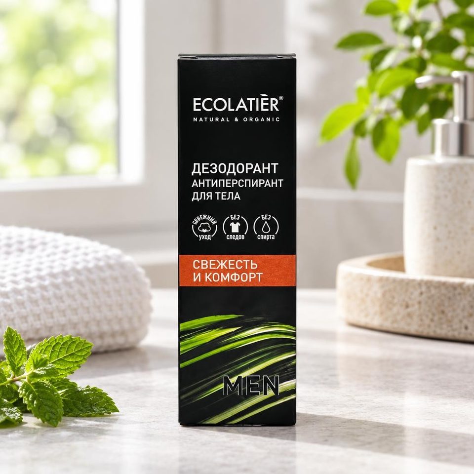 ECOLATIER Мужской дезодорант-антиперспирант для тела Свежесть и комфорт 50мл 12шт