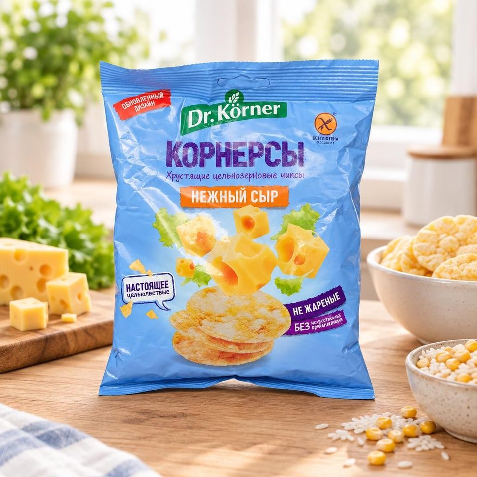 Dr Korner Чипсы цельнозерновые кукуруз-рисовые с сыром 50гр 14шт