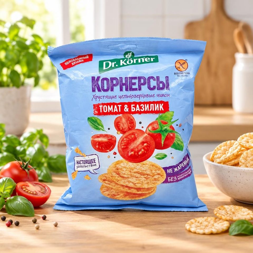 Dr Korner Корнерсы цельнозерновые кукуруз-рисовые Томат и Базилик 100гр 28шт