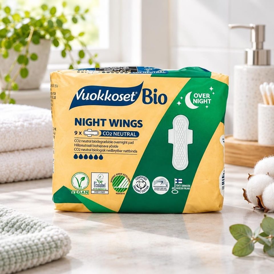 Vuokkoset 9 BIO 100% Night Wings Прокладки женские гигиенические с крылышками 12шт