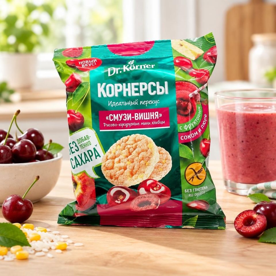 Dr Korner Хлебцы хрустящие Рисово-кукурузные мини хлебцы Смузи-Вишня 40гр 14шт
