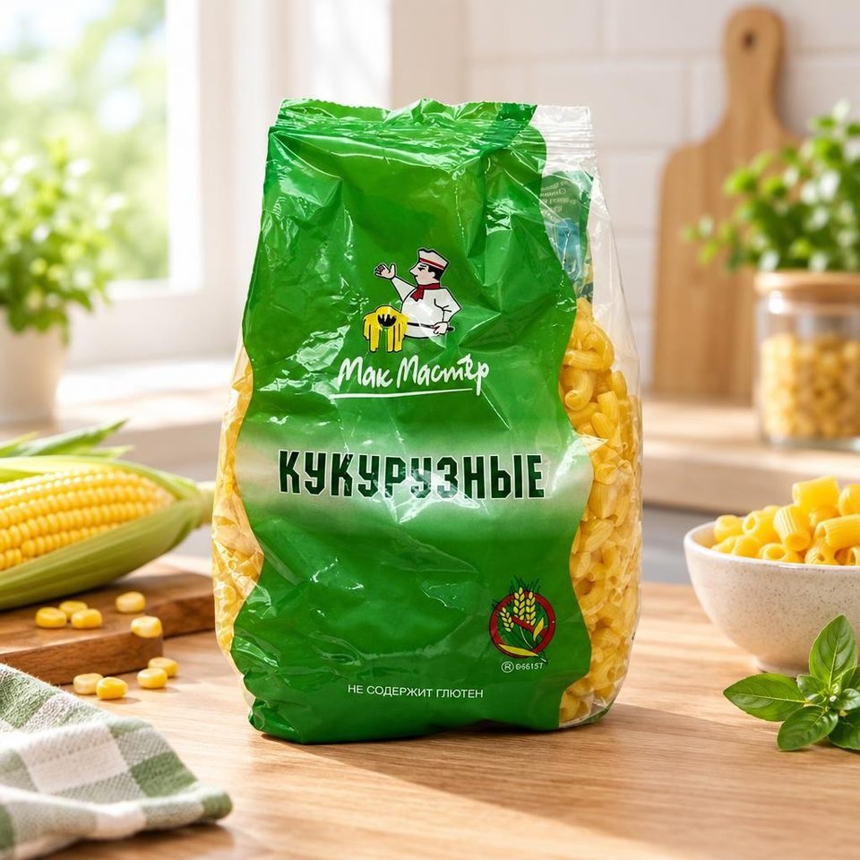 Мак Мастер Кукурузные макароны Рифленая трубочка и рожок 300гр