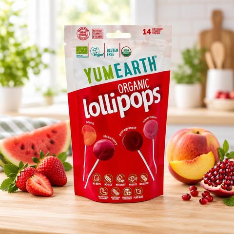 YUMEARTH Органические леденцы на палочке 4вкуса (арбуз, клубника, персик, гранат) 85гр 14 шт/уп