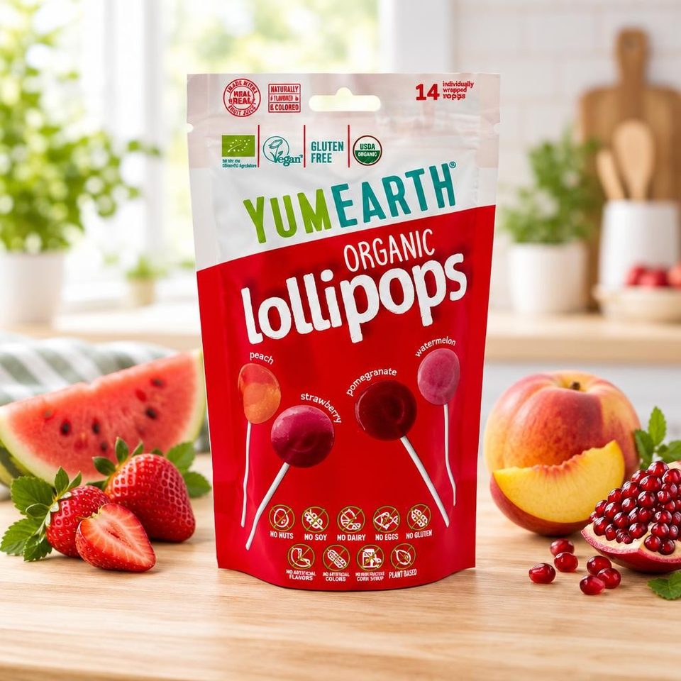 YUMEARTH Органические леденцы на палочке 4вкуса (арбуз, клубника, персик, гранат) 85гр 14 шт/уп