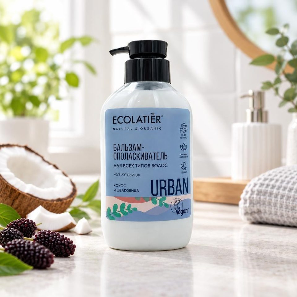 ECOLATIER URBAN Бальзам-ополаскиватель для всех типов волос Кокос и Шелковица 400 мл