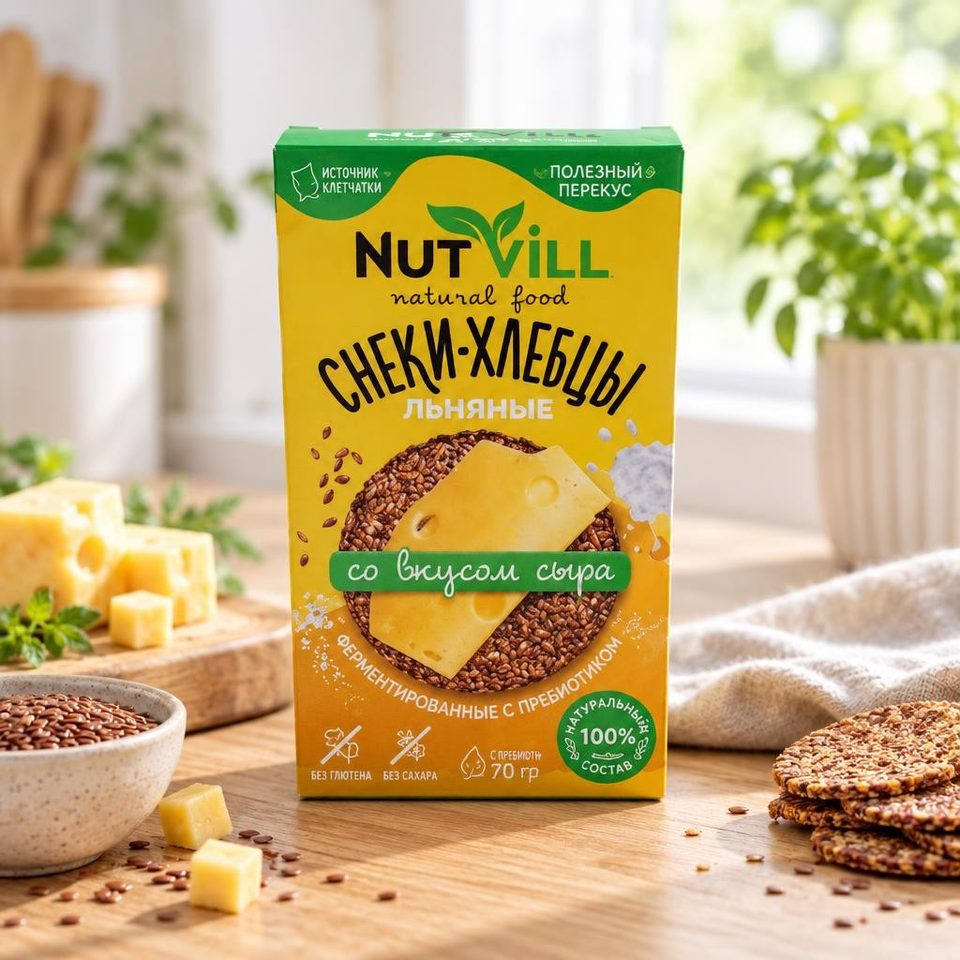 NutVill Снеки-хлебцы Со вкусом сыра ферментированные с пребиотиком без сахара и без глютена 70 гр