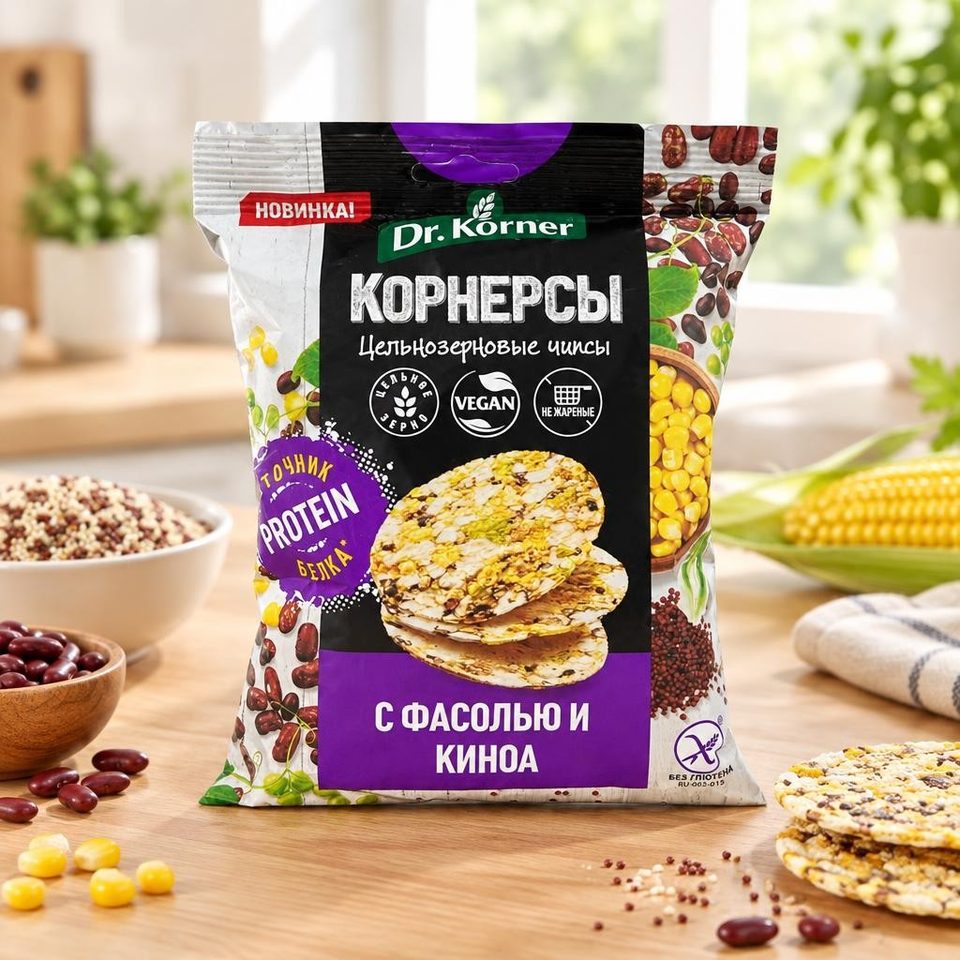 Dr Korner Чипсы цельнозерновые кукуруз-рисовые с фасолью и киноа 50гр 14шт