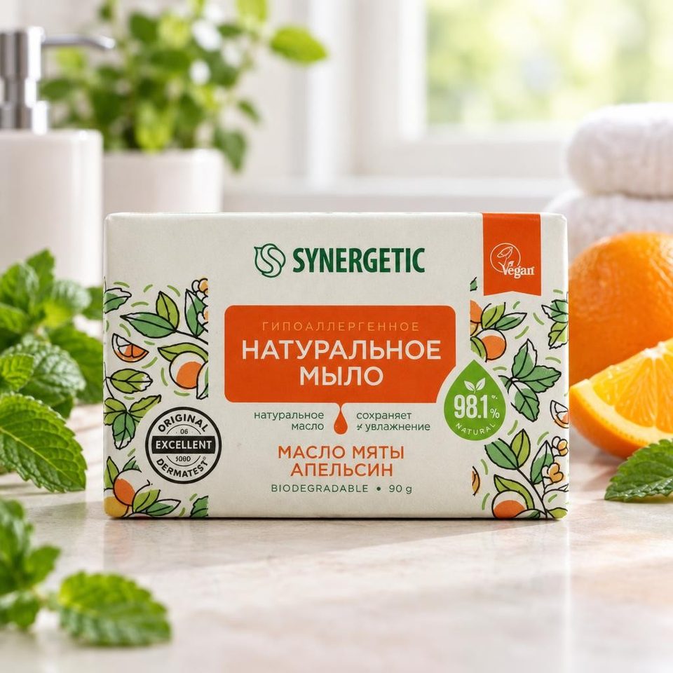 Синергетик Натуральное туалетное мыло масло мяты и апельсин 90гр 24шт