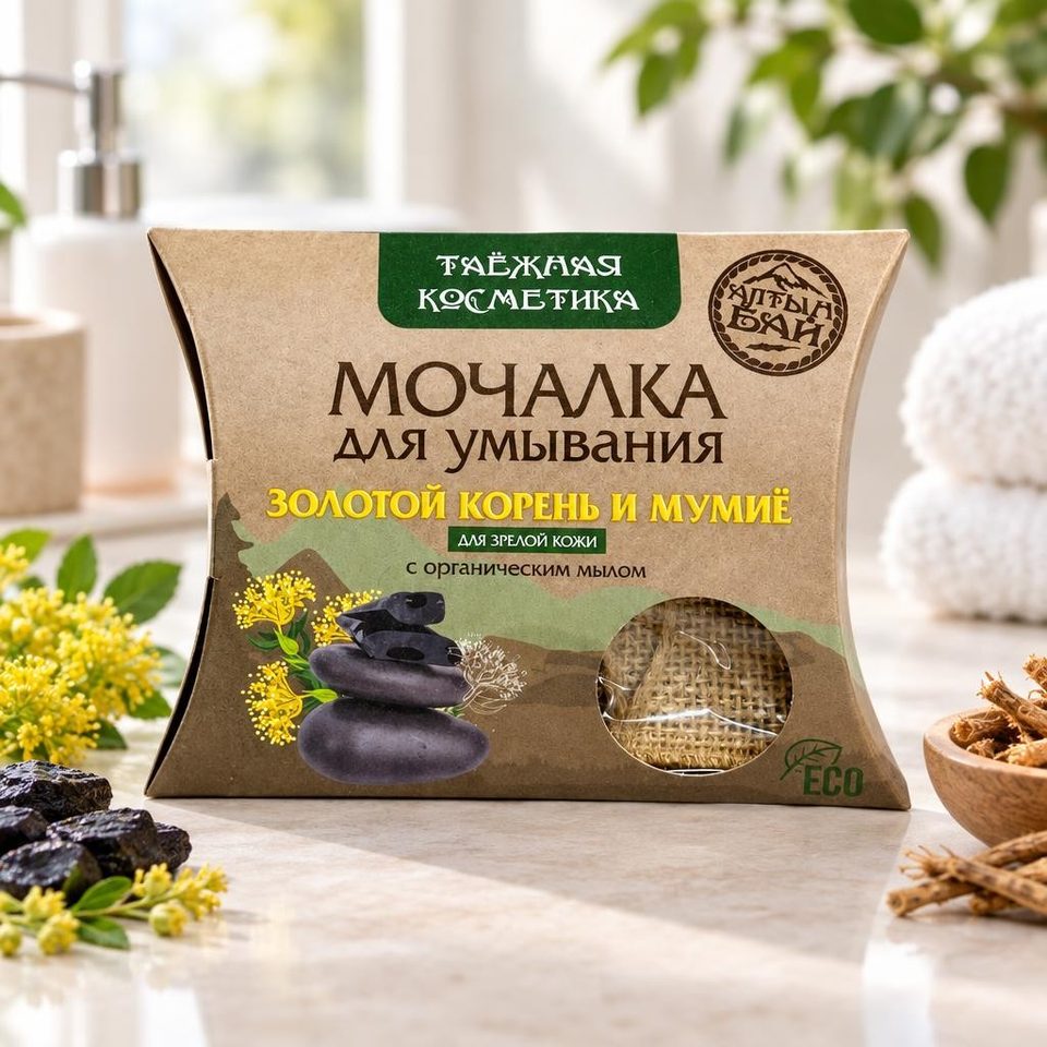 Алтын бай Мочалка для умывания Золотым корнем и мумие 60гр