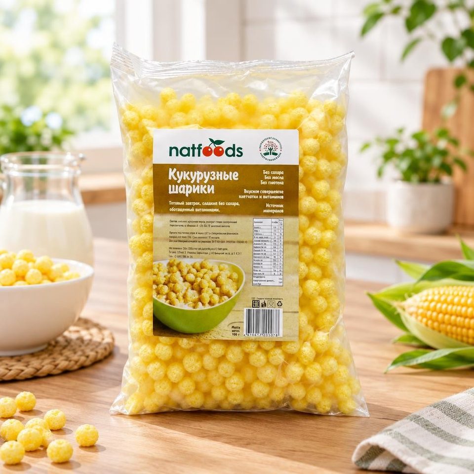 Natfoods Готовый завтрак сладкие кукурузные шарики без сахара 100 гр 20шт