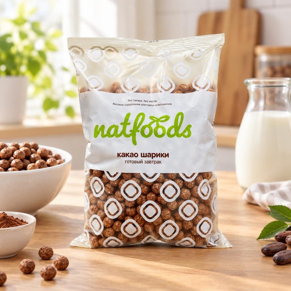Natfoods Готовый завтрак сладкие какао шарики без сахара 100 гр 20шт