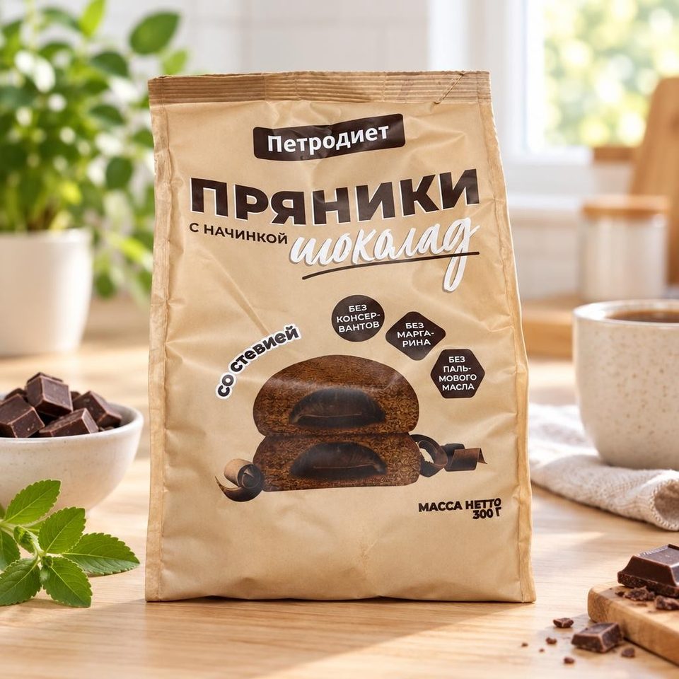 Петродиет Пряники шоколадные на фруктозе со стевией и шоколадной начинкой 300гр 10шт