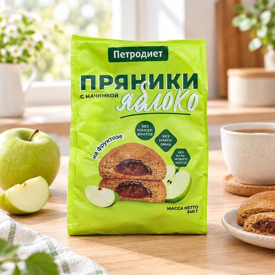 Петродиет Пряники с начинкой на фруктозе Яблоко 340гр 15шт