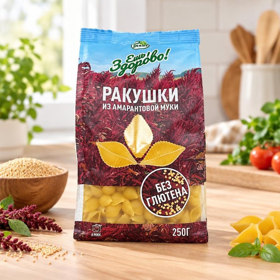 Макаронные изделия Ешь Здорово из амарантовой муки не содержащие глютена Ракушки 250 гр 16 шт