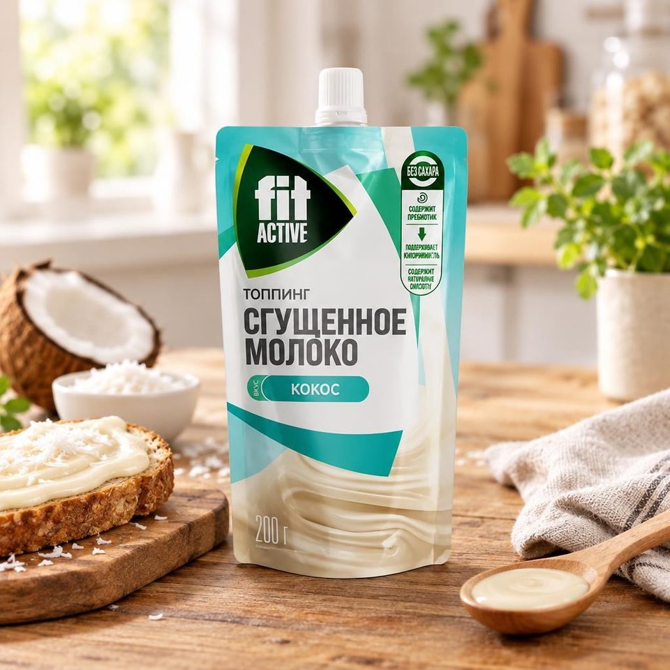 Фит Топпинг Сгущенное молоко вкус КОКОС Дойпак 200 г Гофрокороб по 10 шт