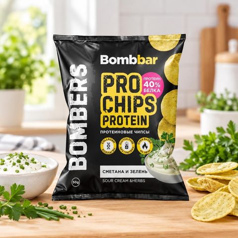 Bombbar Чипсы ц/з протеиновые со вкусом Сметана зелень 50 гр 16 шт