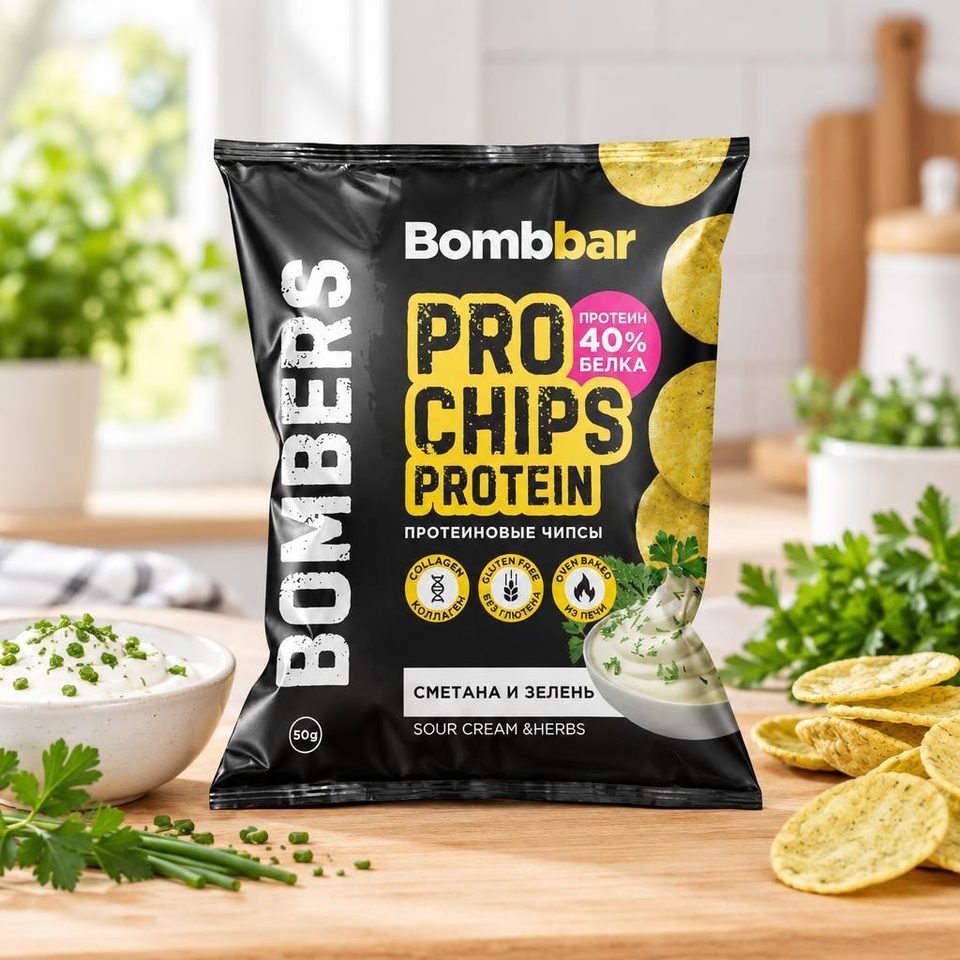 Bombbar Чипсы ц/з протеиновые со вкусом Сметана зелень 50 гр 16 шт
