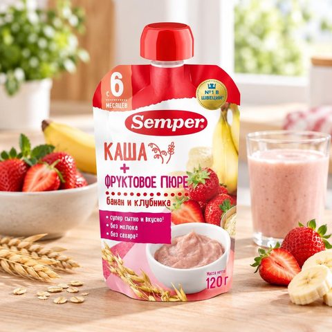 Semper фруктовое пюре со злаками Бананово-клубничное пюре с кашей 120гр 12шт