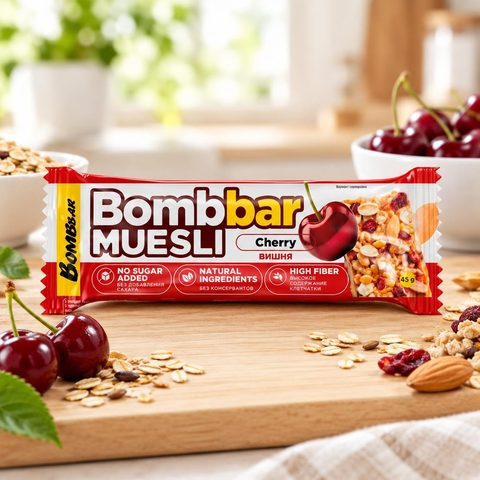 Bombbar батончик мюсли неглазированный мультизлаковый Вишня 45гр 30шт