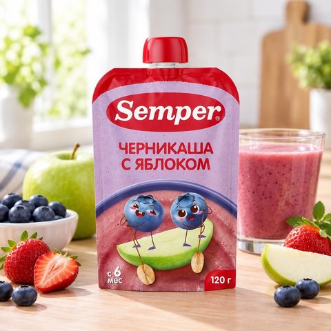 Semper фруктовое пюре Яблоко Клубника Черника 120гр 12шт