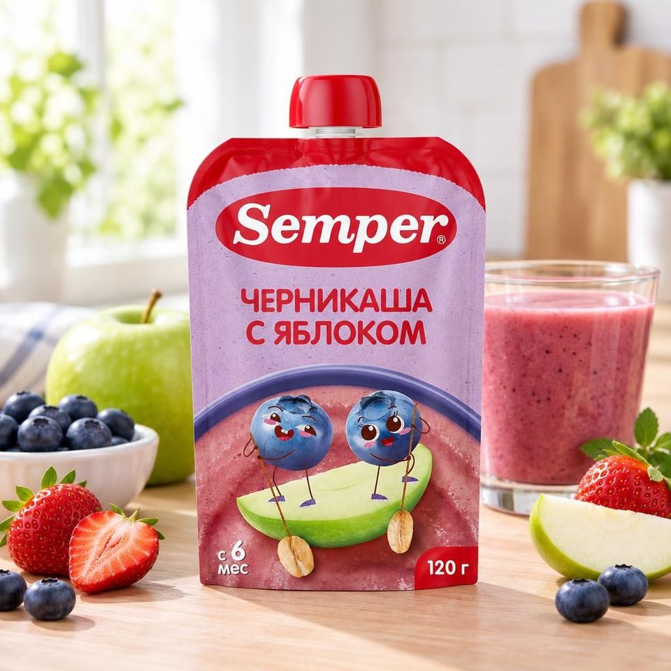 Semper фруктовое пюре Яблоко Клубника Черника 120гр 12шт