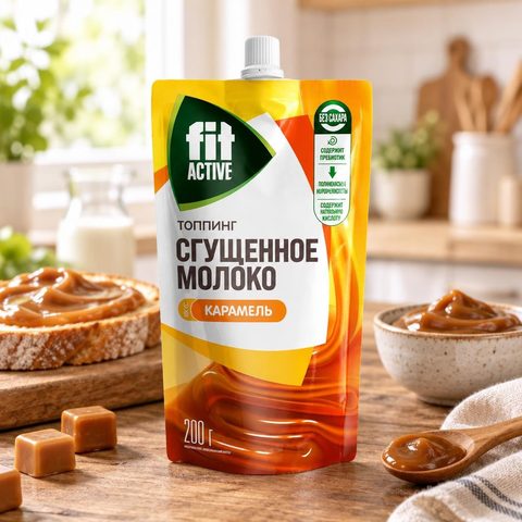 Фит Топпинг Сгущенное молоко вкус КАРАМЕЛЬ Дой-пак 200гр 10шт