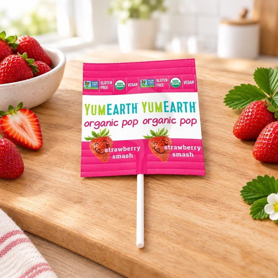 YUMEARTH Органические клубничные леденцы на палочке с кислинкой 14 шт/уп