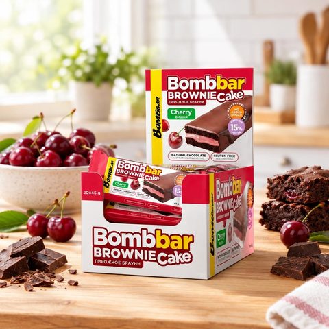 Bombbar Пирожное протеиновое глазированное с начинкой со вкусом Брауни с вишней 45 гр 20 шт