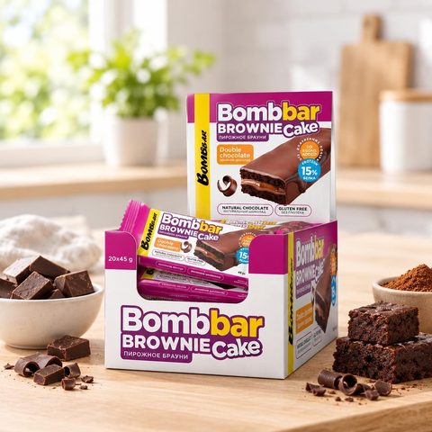 Bombbar Пирожное протеиновое глазированное с начинкой со вкусом Брауни Двойной шоколад 45 гр 20 шт